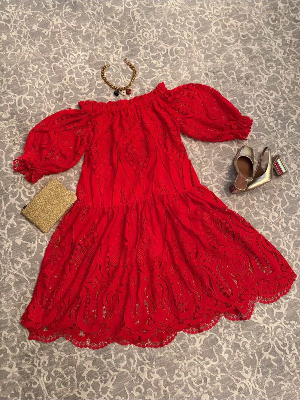 Red One-Shoulder Lace Midi Dress - Elegant Occasion Wear